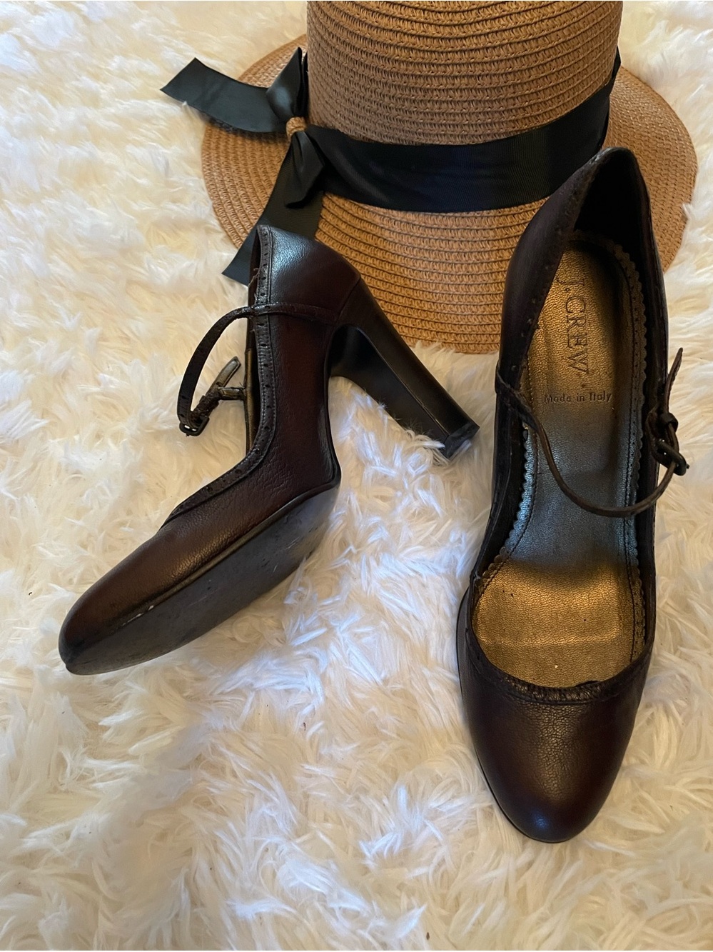 Vintage J.Crew Made in Italy Dark Brown Leather Brogue Mary Jane Heels Size 8